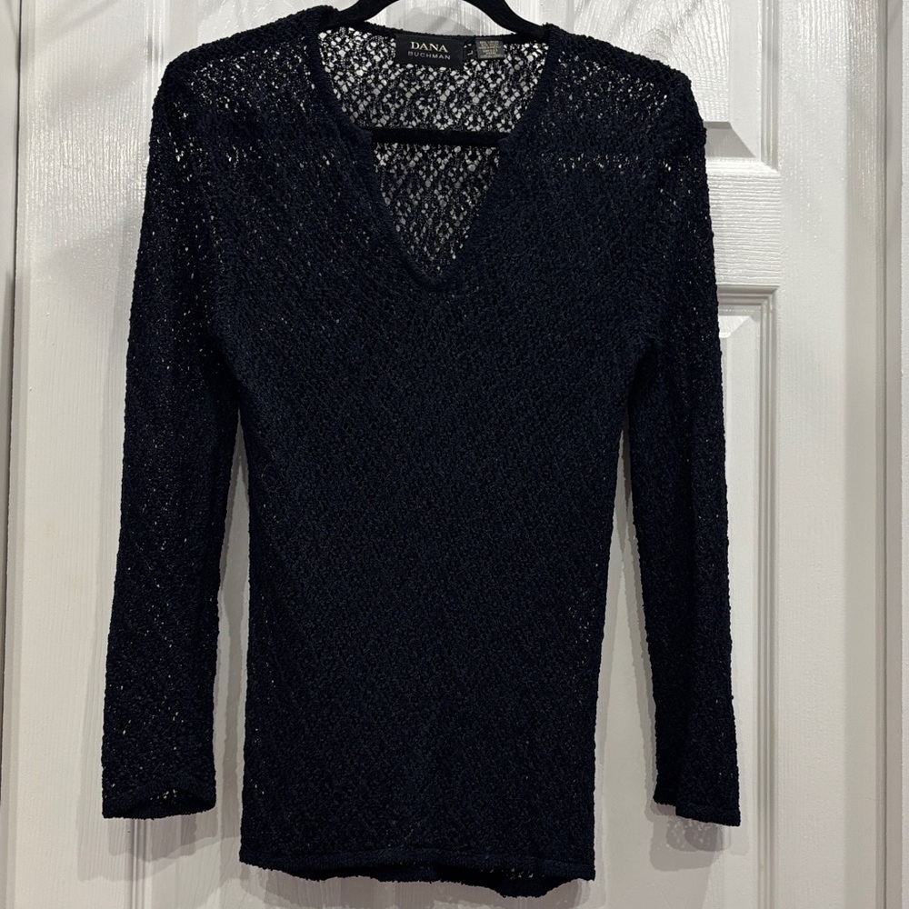 Dana Buchman Black Open-Knit V-Neck Sweater